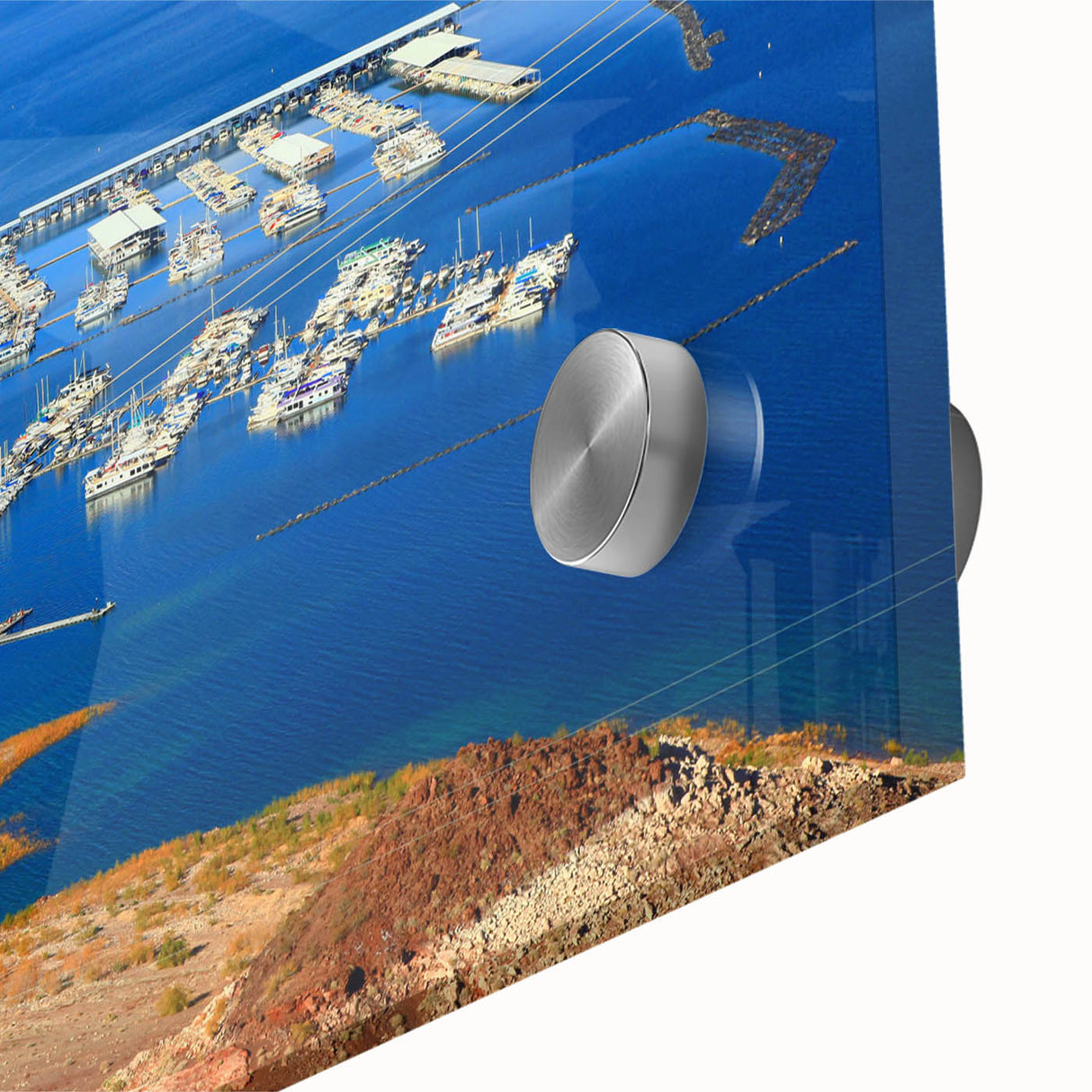 Large abstract wall art featuring Lake Mead, Nevada, in muted blue and green hues on acrylic glass.
