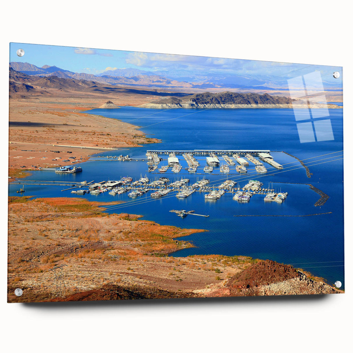 Acrylic print of Lake Mead, Nevada, with vibrant blue and earth tones, suited for bedroom or dining room decor.