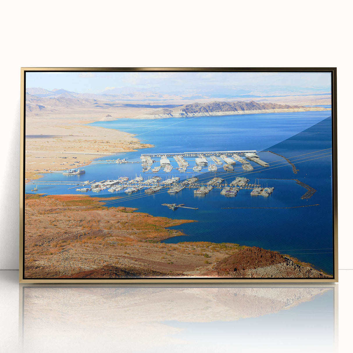 Framed acrylic print of Lake Mead with a golden border, featuring mid-century modernist style.