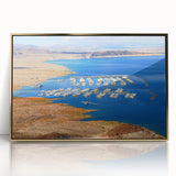 Framed acrylic print of Lake Mead with a golden border, featuring mid-century modernist style.