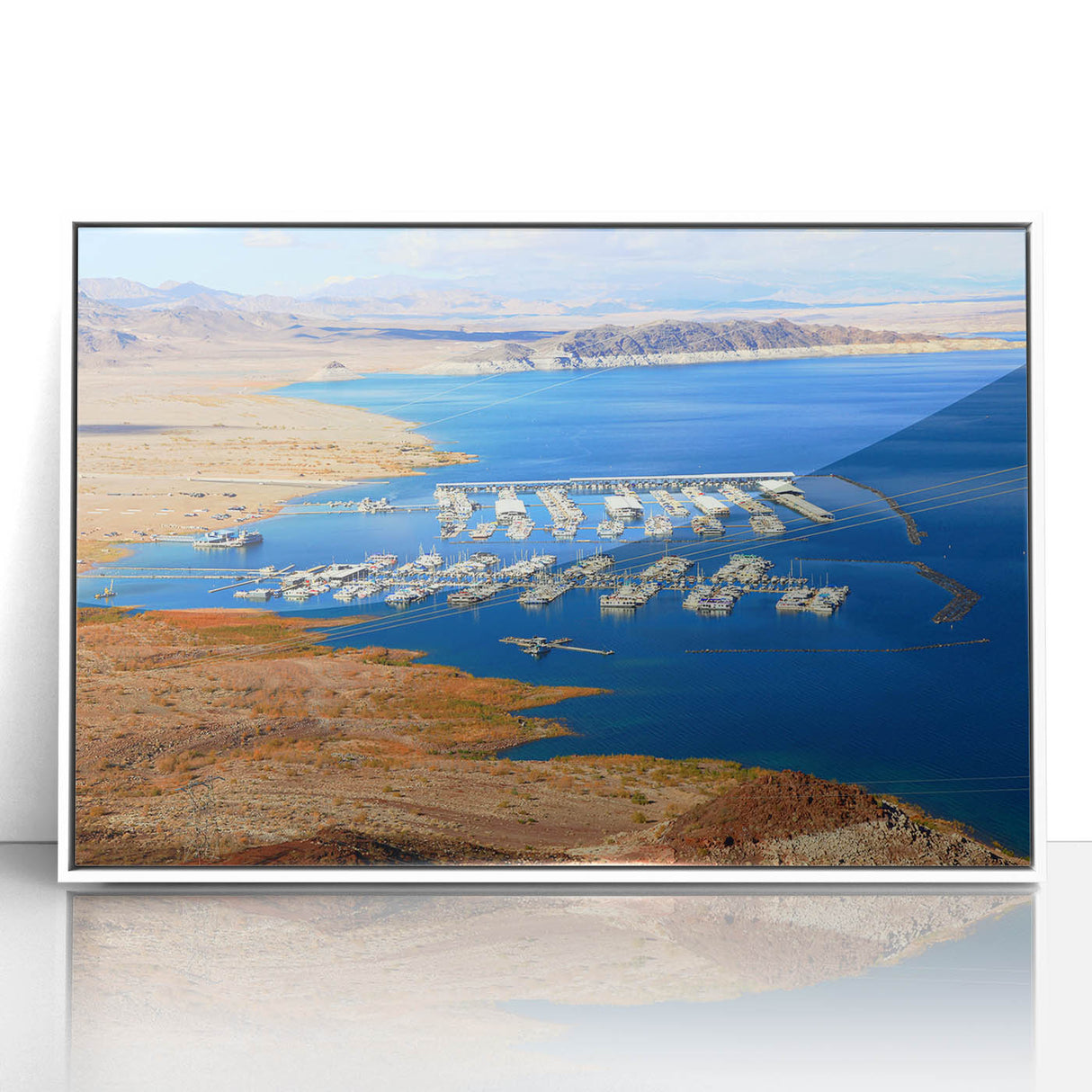 Acrylic print of Lake Mead, Nevada, in art deco style with soft blue and white tones, framed in white.