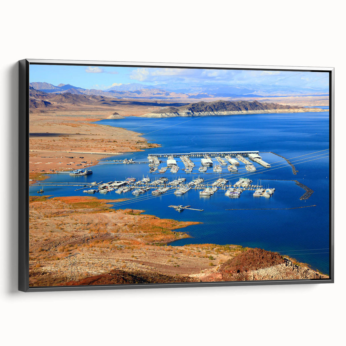 Black and white framed canvas of Lake Mead landscape, ideal for bedroom wall art.