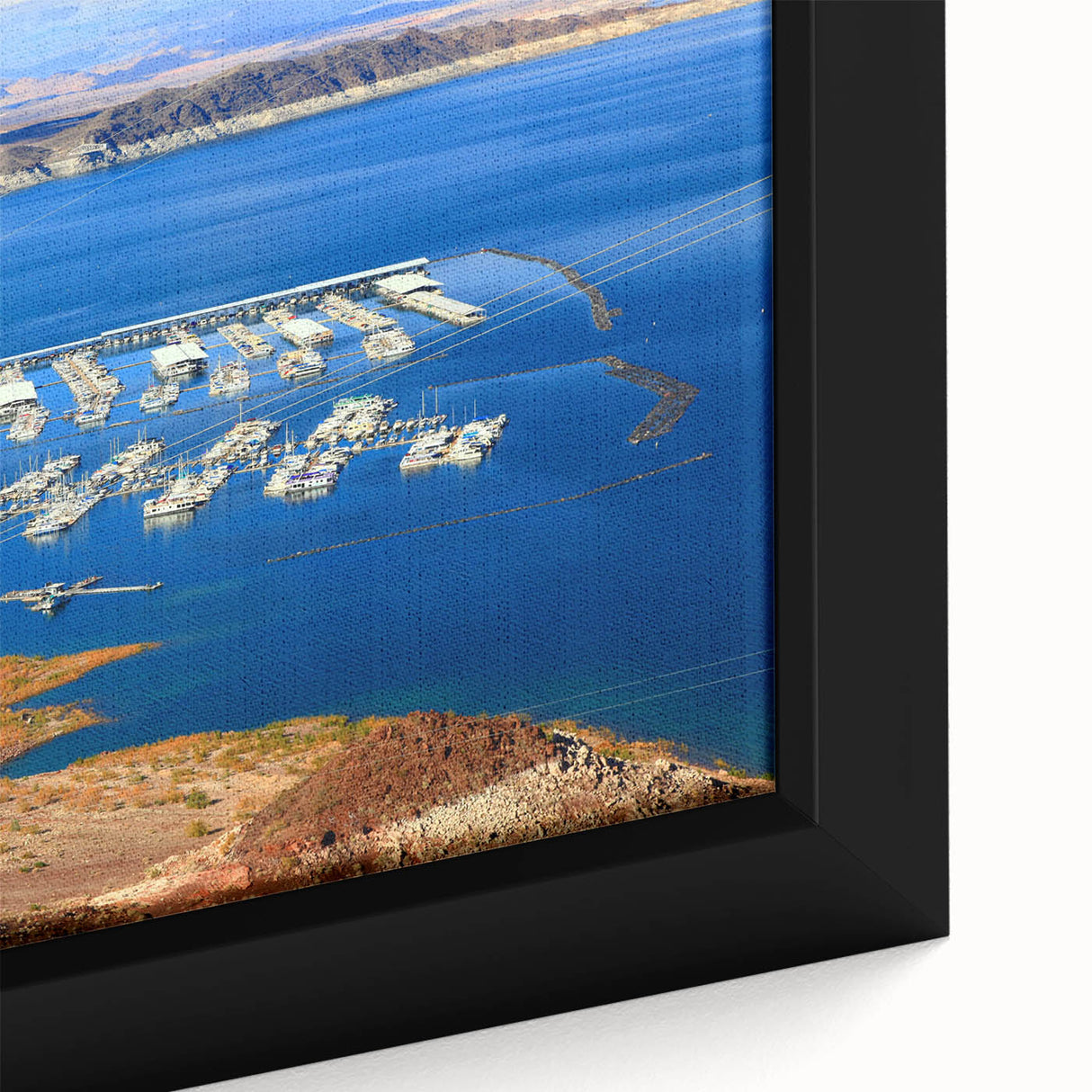 Extra large framed canvas featuring a textured depiction of Lake Mead with a black and colorful art style.