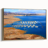 Framed canvas landscape painting of Lake Mead with vintage poster style in black and gold tones, ideal for bedroom wall art.