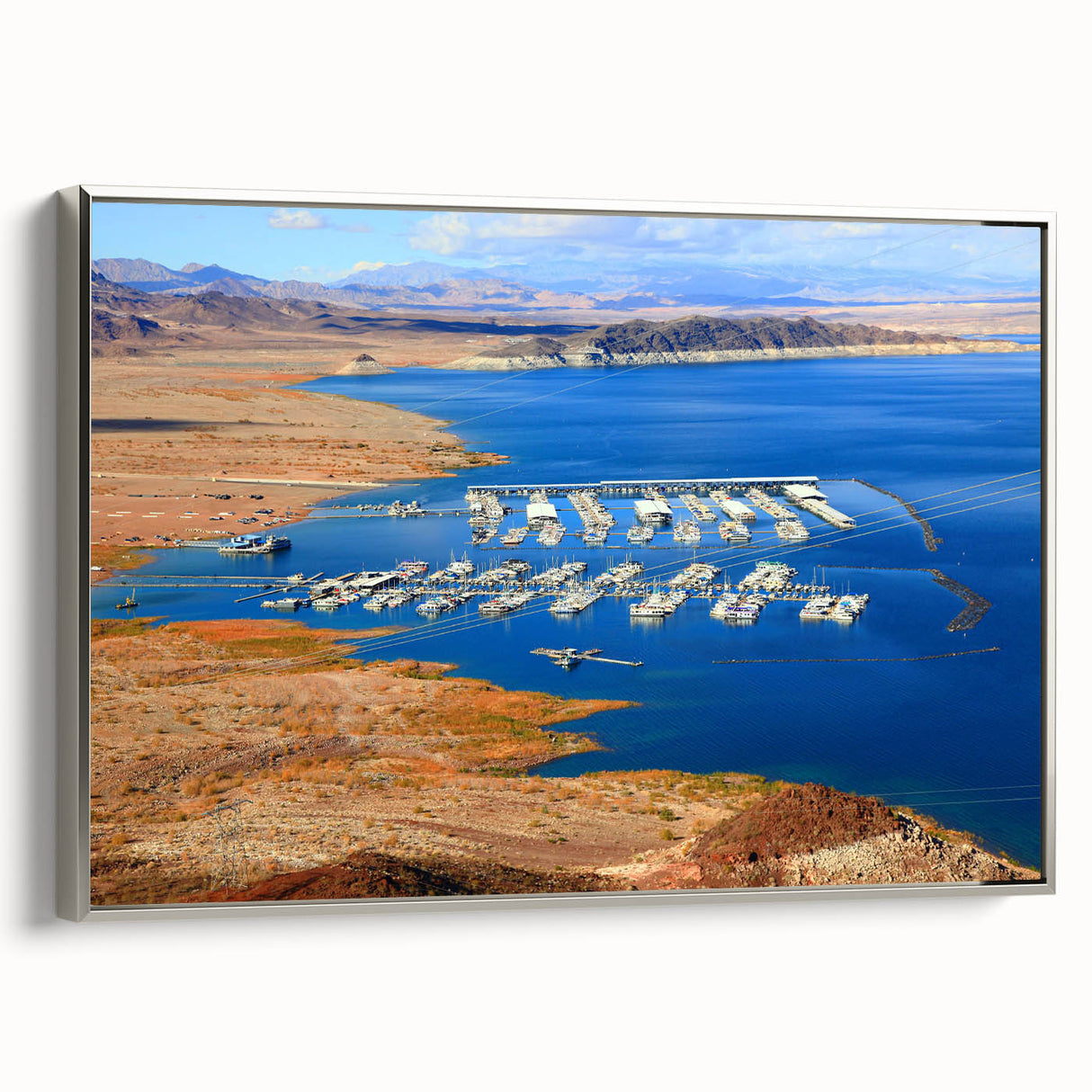 Framed canvas of Lake Mead landscape art painting featuring vintage poster art style with vibrant color palette.