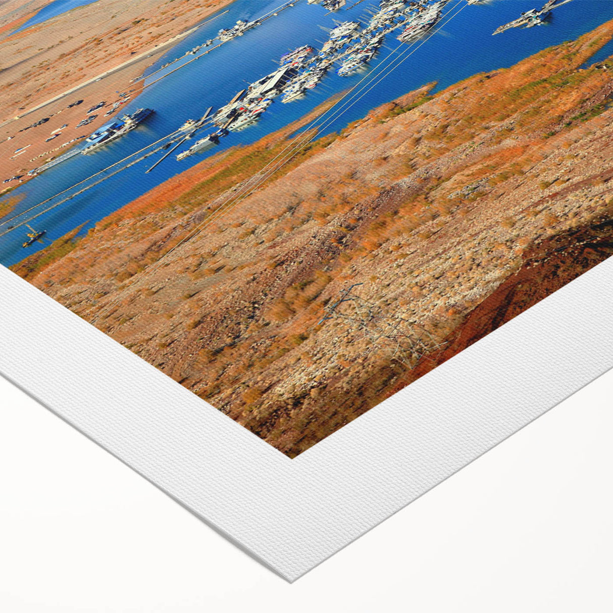 Art deco poster of Lake Mead featuring bold geometric shapes and a monochrome blue palette, ideal for dining room wall art.