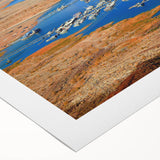 Art deco poster of Lake Mead featuring bold geometric shapes and a monochrome blue palette, ideal for dining room wall art.