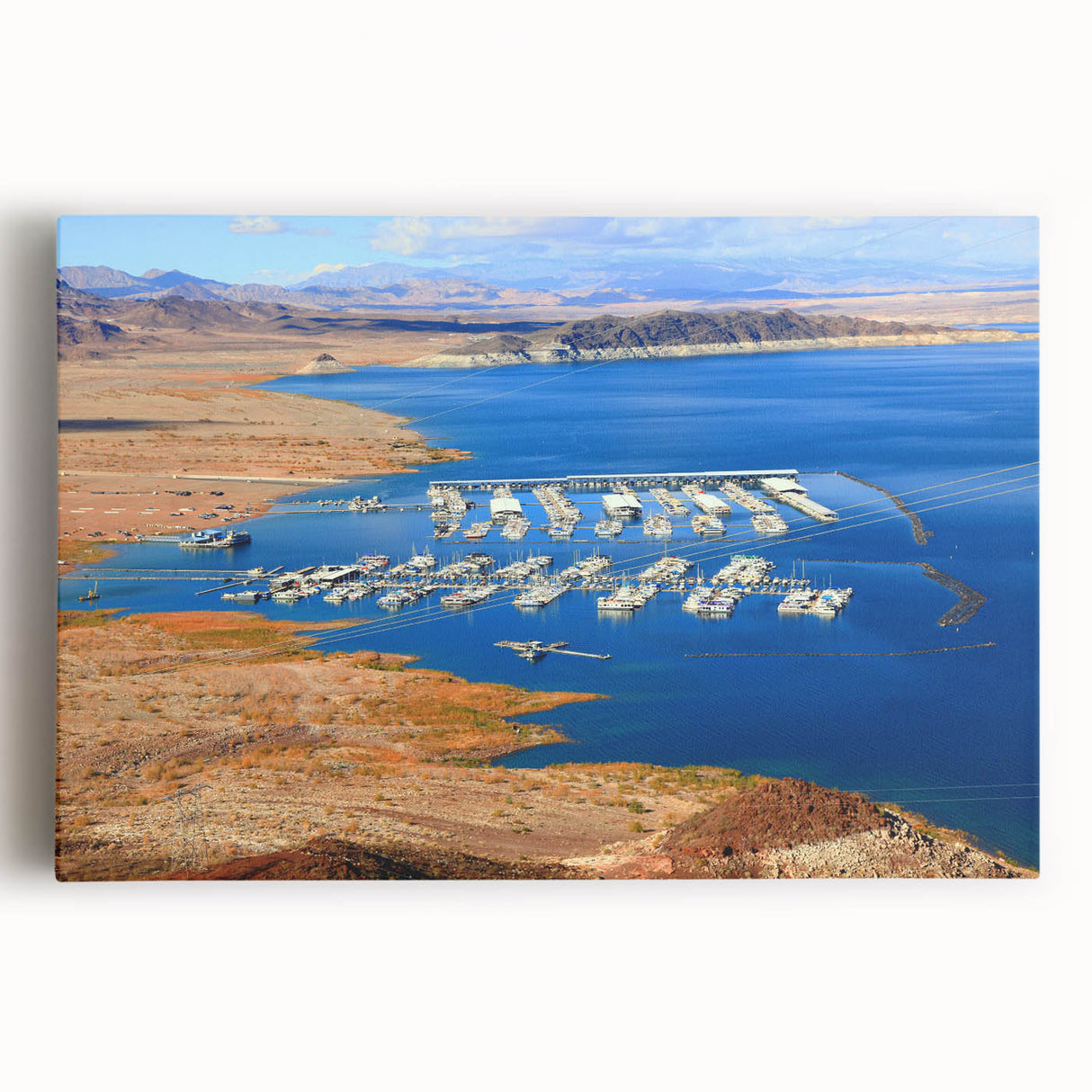 Black and white photo of Lake Mead on stretched canvas, ideal for kitchen wall art.