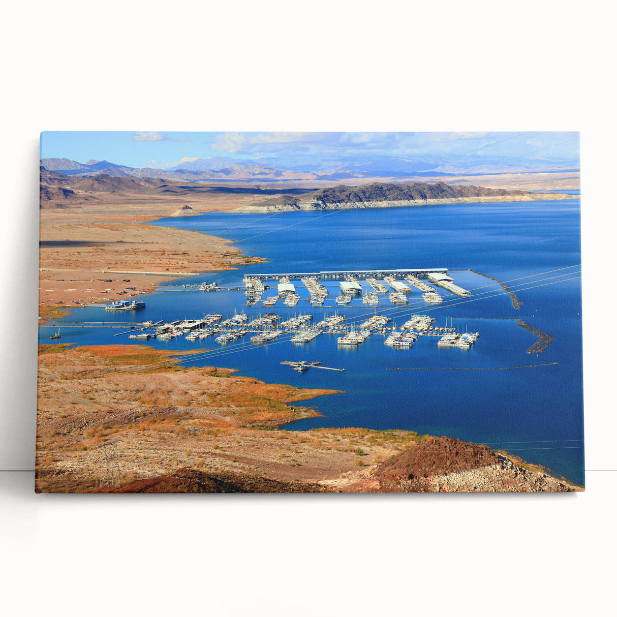 Large black and white photograph of Lake Mead on stretched canvas, ideal for kitchen wall art or bedroom ambiance.
