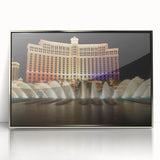 Mid-century modernist art of Las Vegas skyline in silver framed acrylic, featuring pastel shades.