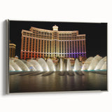 Landscape art painting of Las Vegas with colorful skyline on black framed canvas, suitable for modern living room decor.