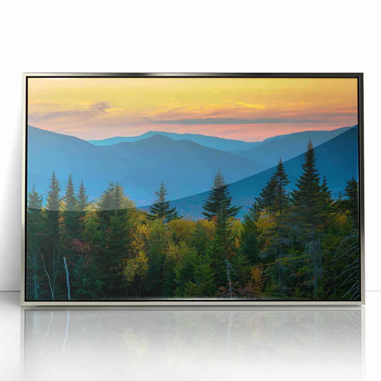 Mid-century modernist art depicting New Hampshire scenery in muted earth tones on a framed acrylic print.