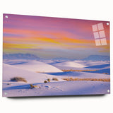 Acrylic print of White Sands, New Mexico with soft blue and white tones, suitable for bedroom or dining room decor.