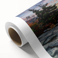 Art deco poster of Blue Ridge in North Carolina with muted earth tones on rolled canvas, ideal for nursery wall art.