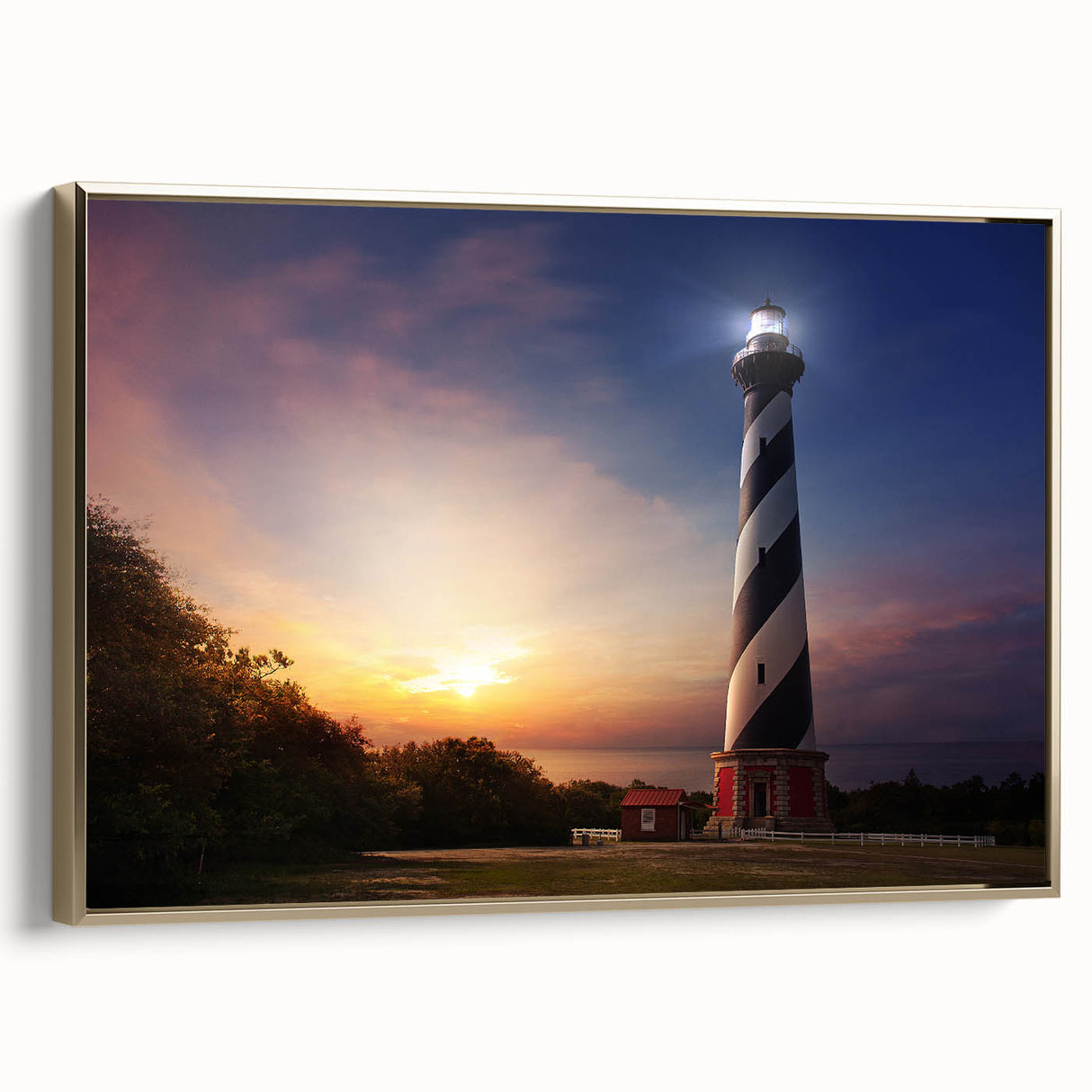 Framed canvas of Cape Hatteras landscape in muted gold tones, ideal for bedroom wall art.
