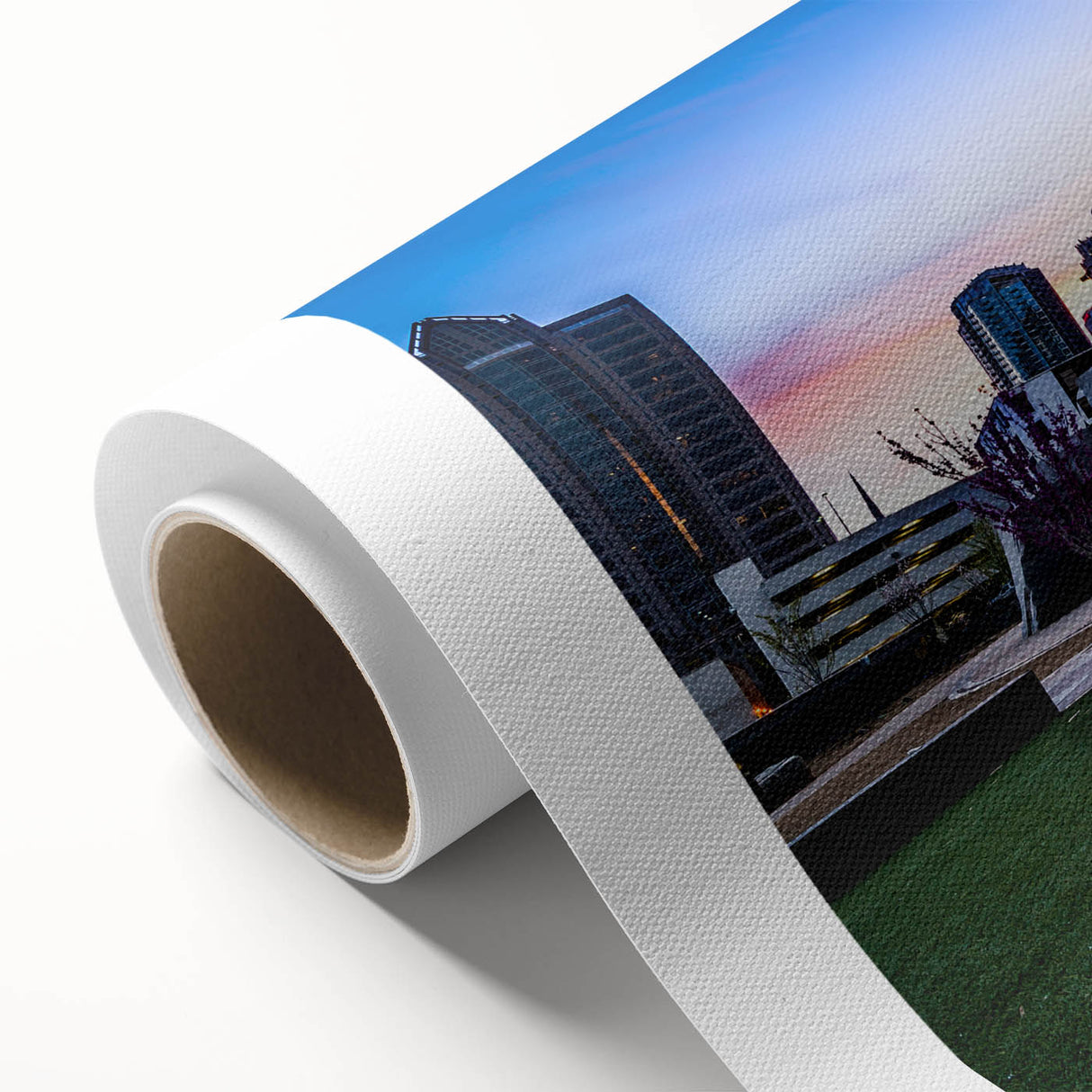 Art Deco style poster of Charlotte, North Carolina skyline in pastel hues on rolled canvas, ideal for nursery wall art.