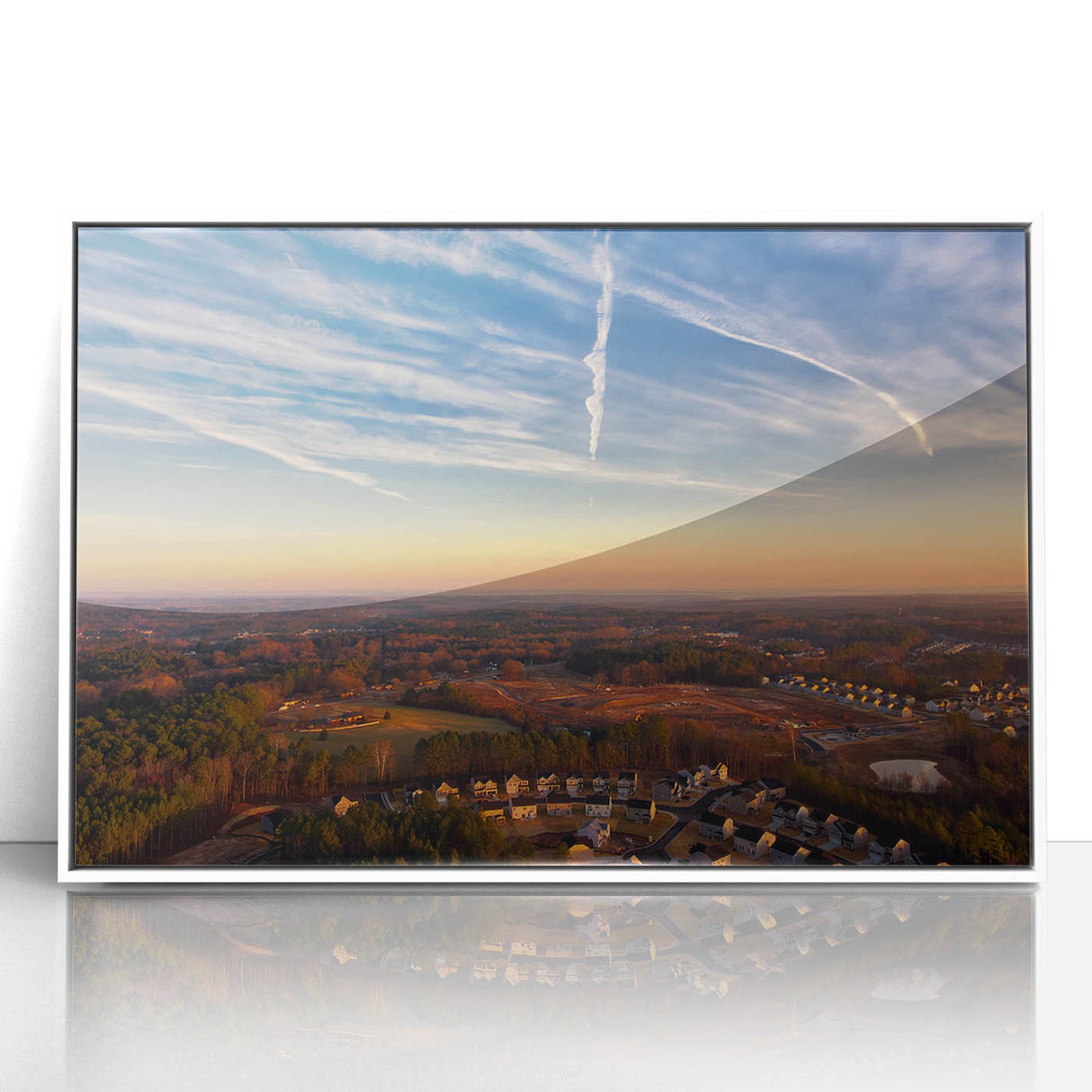 Framed acrylic print of Durham, North Carolina skyline in muted gray and blue tones, ideal for modern nursery wall art.