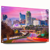 Acrylic print of a large abstract depiction of Raleigh, North Carolina, with vibrant blues and greens.