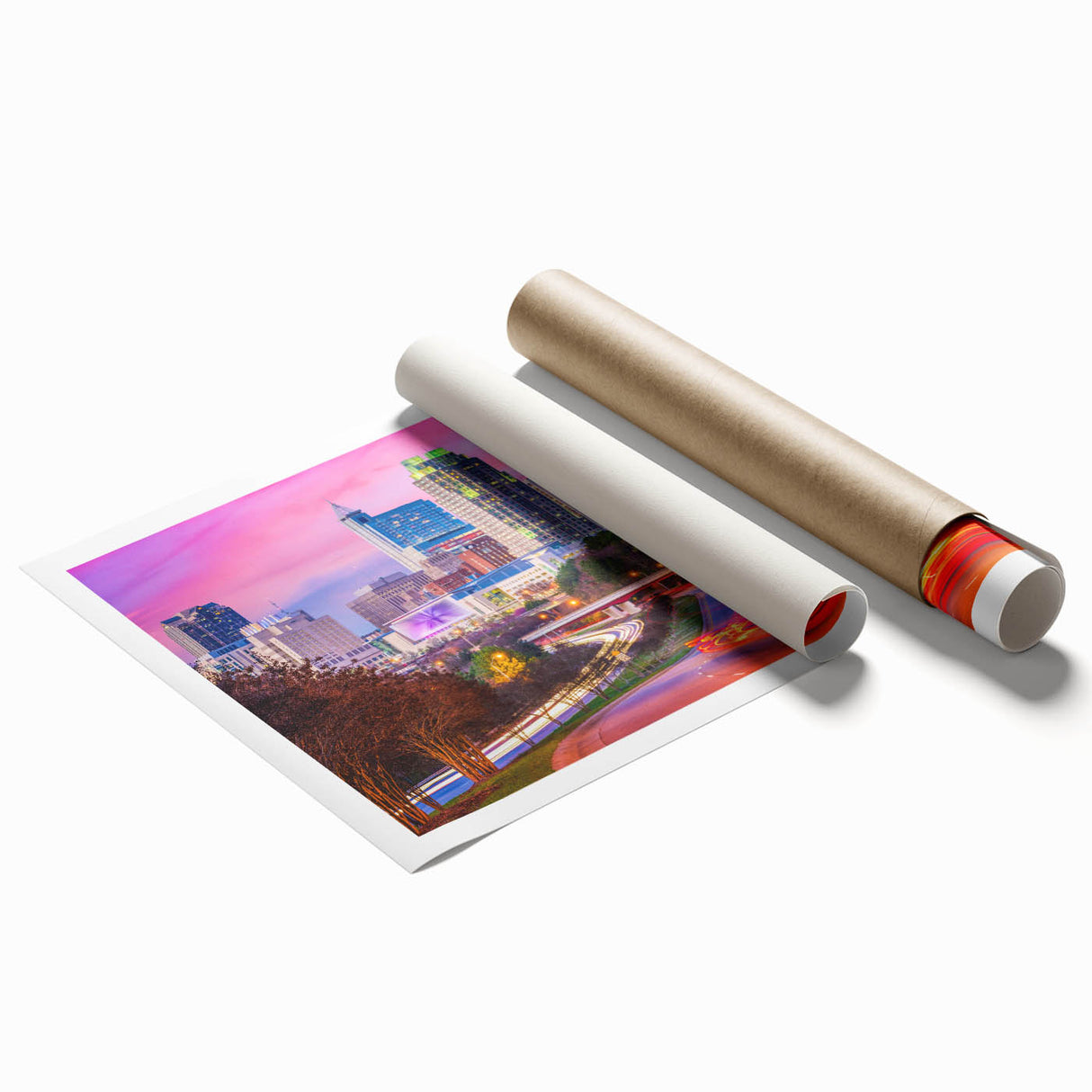 Extra large rolled canvas print of Raleigh, North Carolina skyline with muted floral art, ideal for classy bathroom wall art.