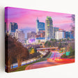 Raleigh, North Carolina skyline in muted blue and gray tones on stretched canvas, suitable for kitchen wall art.