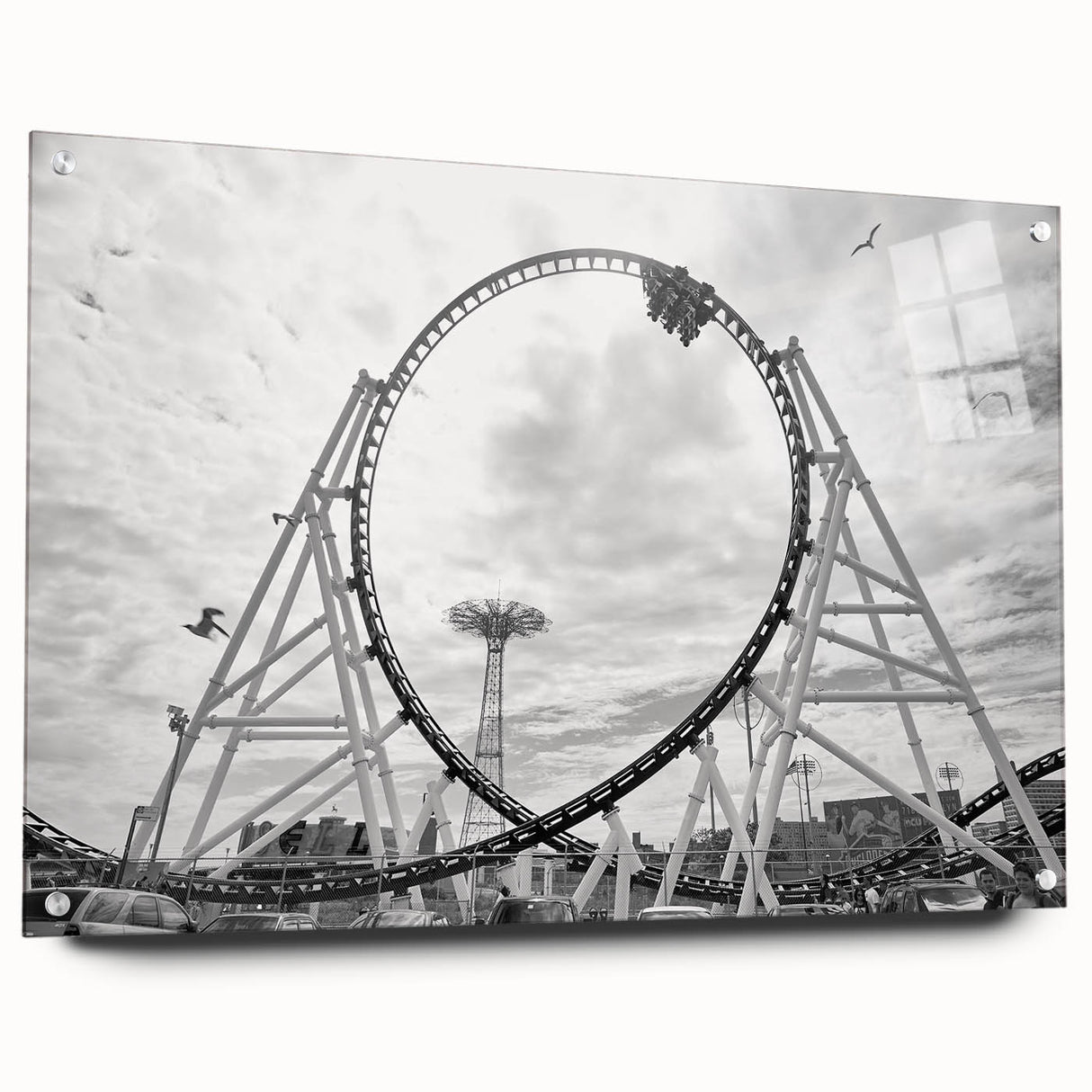 Acrylic print of Coney Island scene in muted blues and grays, suitable for bedroom or dining room decor.