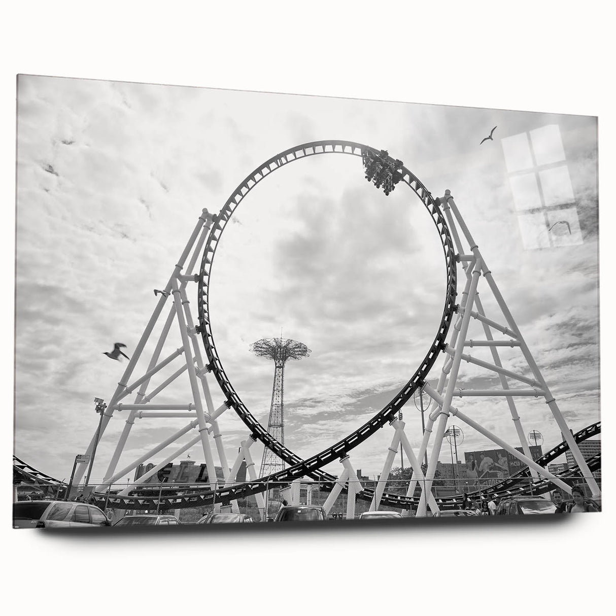 Acrylic print of Coney Island with muted blue and gray tones, ideal for bedroom or dining room art.