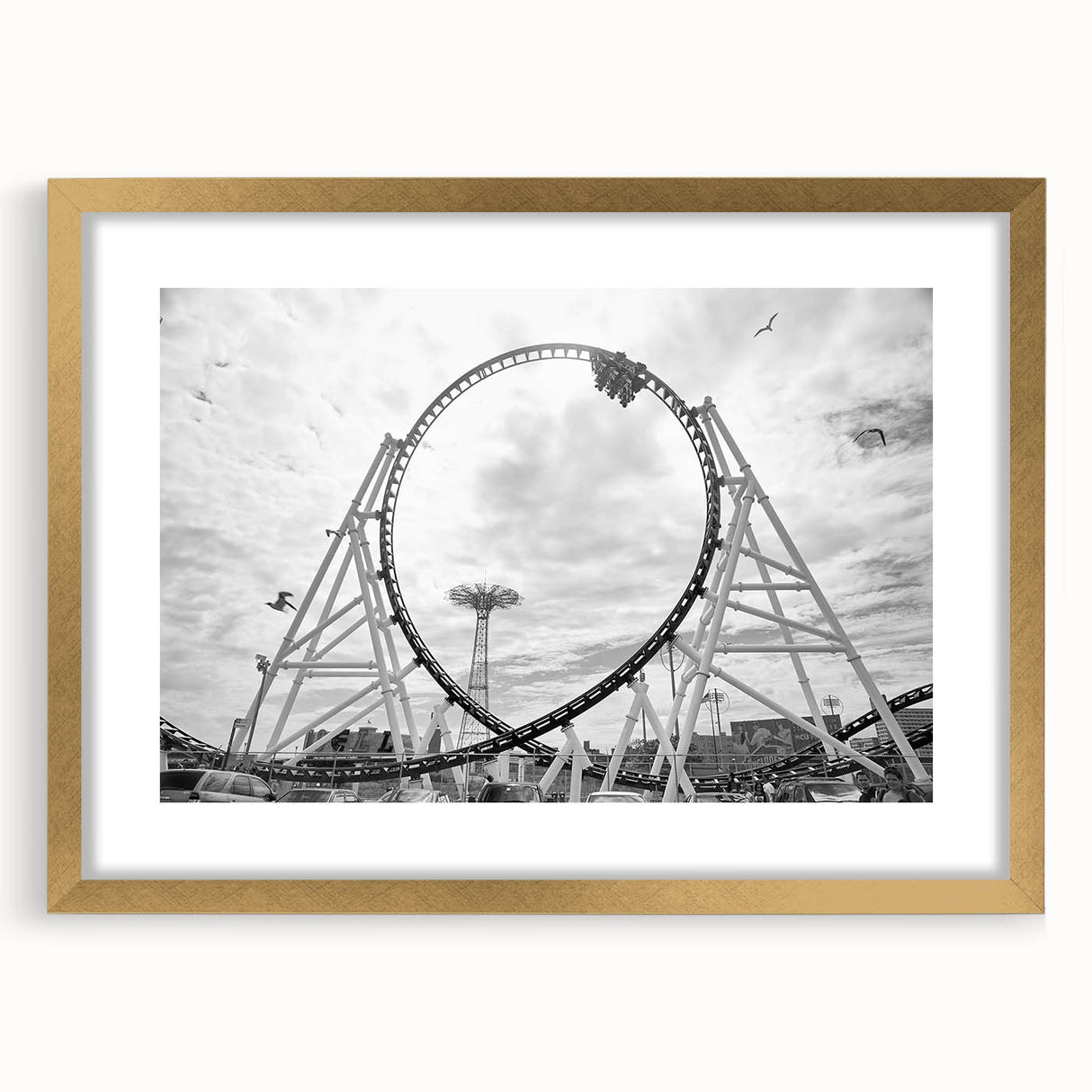 Extra large abstract art print of Coney Island, featuring textured details in muted tones, framed in gold.