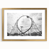 Extra large abstract art print of Coney Island, featuring textured details in muted tones, framed in gold.