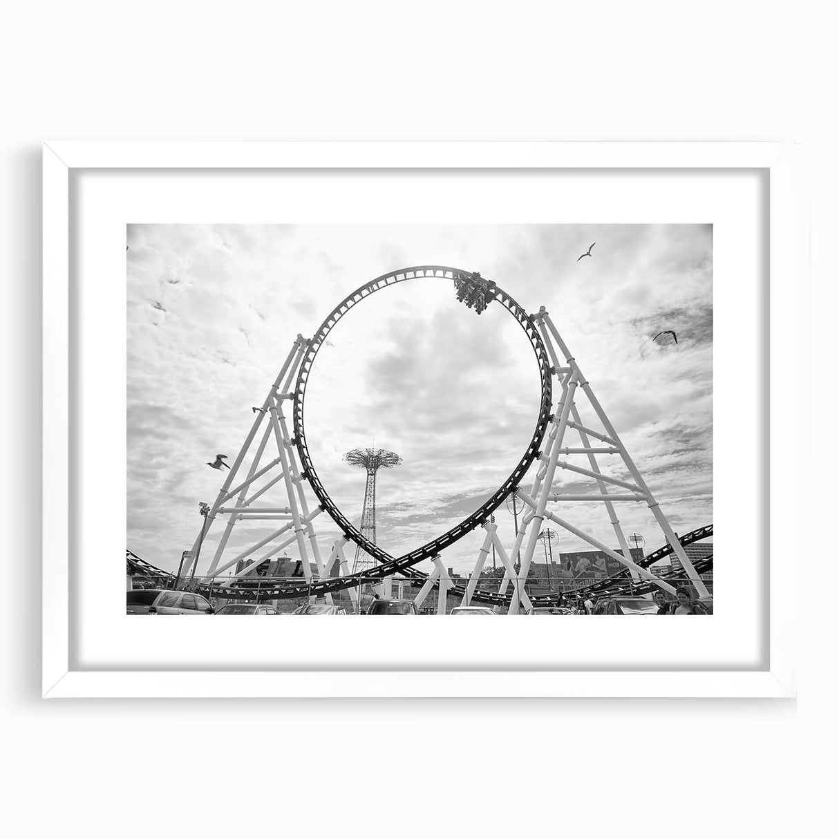 Abstract art print of Coney Island in muted gray and blue tones, presented in a white framed poster.