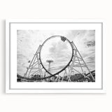 Abstract art print of Coney Island in muted gray and blue tones, presented in a white framed poster.