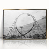 Framed acrylic print of Coney Island with muted gold and blue tones, in mid-century modernist style.
