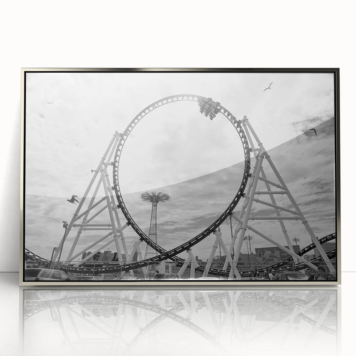Mid-century modernist art depicting Coney Island, featuring muted pastel colors on a framed acrylic.