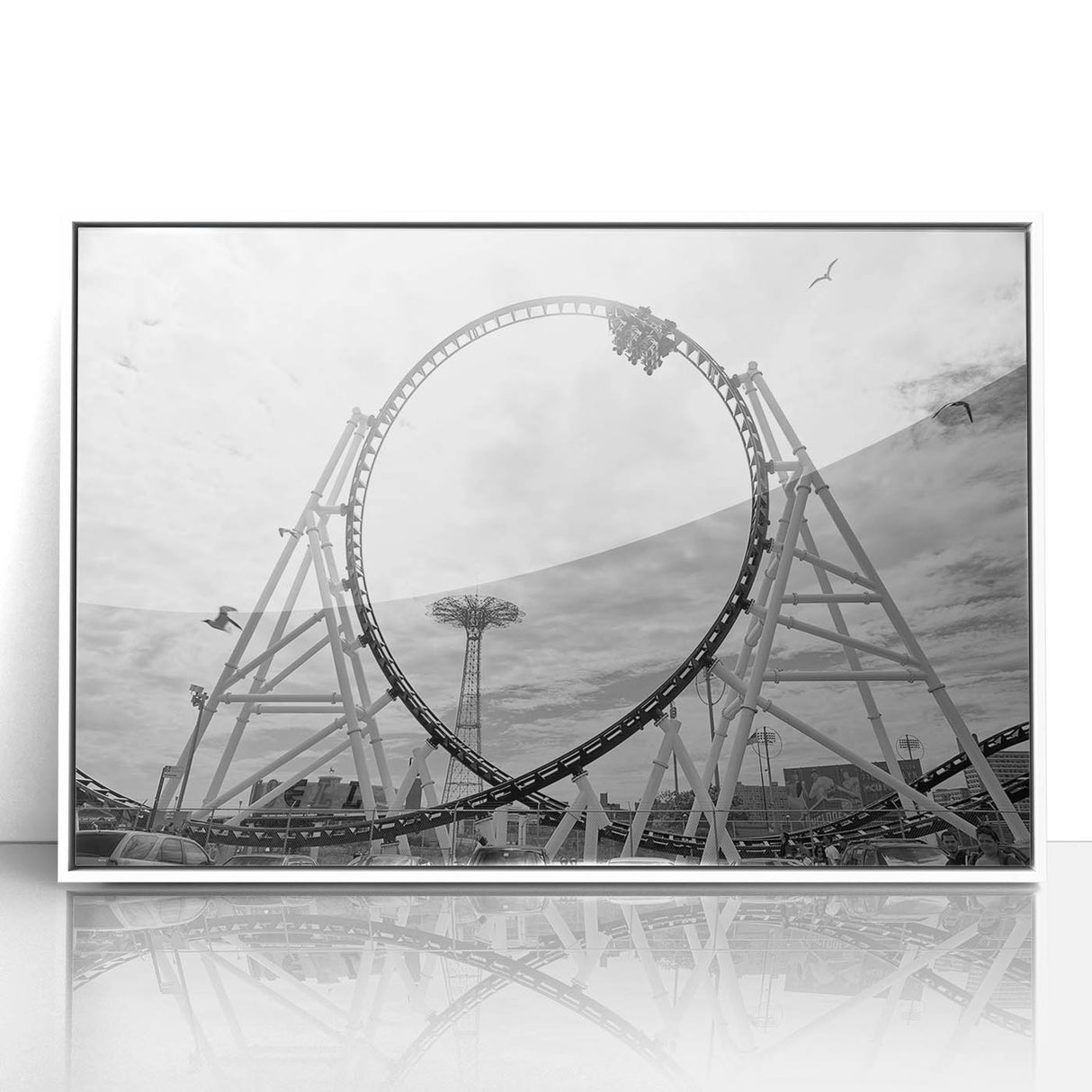Framed acrylic print of Coney Island with art deco design in pastel shades, ideal for modern nursery wall art.