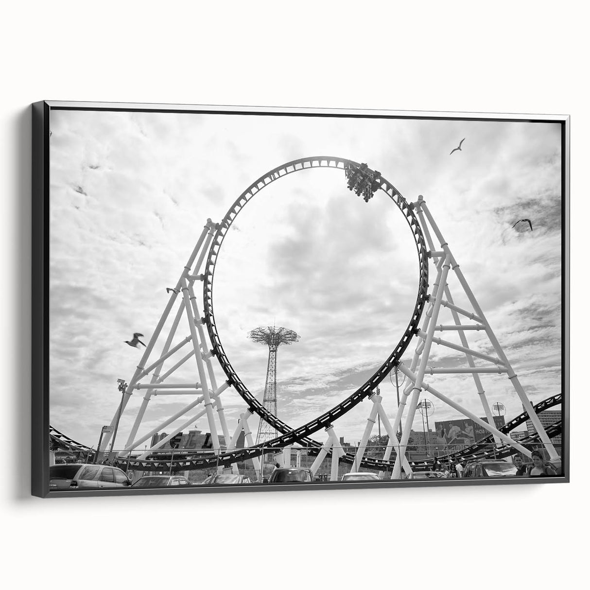 Black and white framed canvas of Coney Island landscape, ideal for bedroom wall decor.