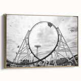 Framed canvas of vintage Coney Island landscape in black and gold tones, ideal for bedroom wall art.