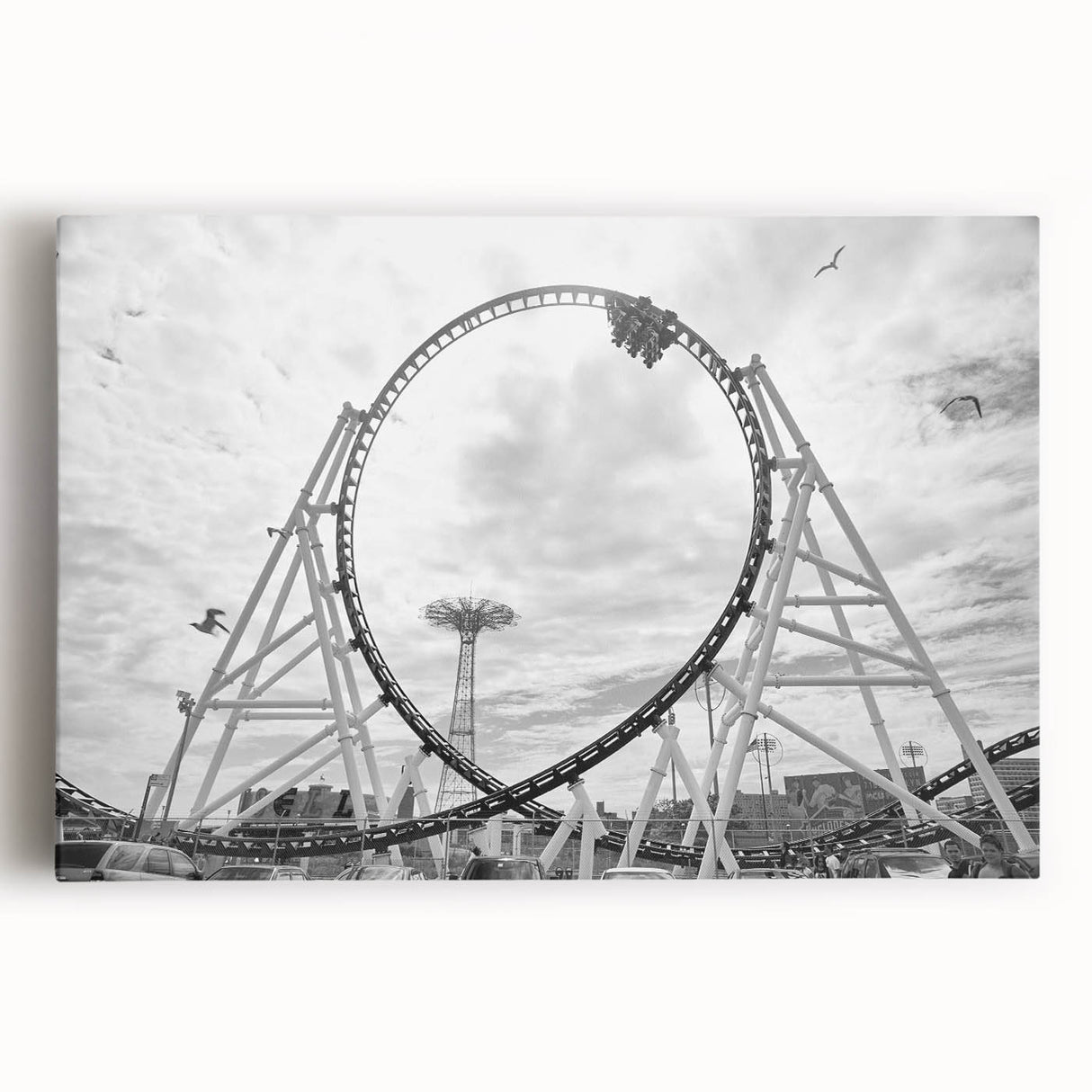 Black and white stretched canvas featuring Coney Island scenery, ideal for kitchen wall art.