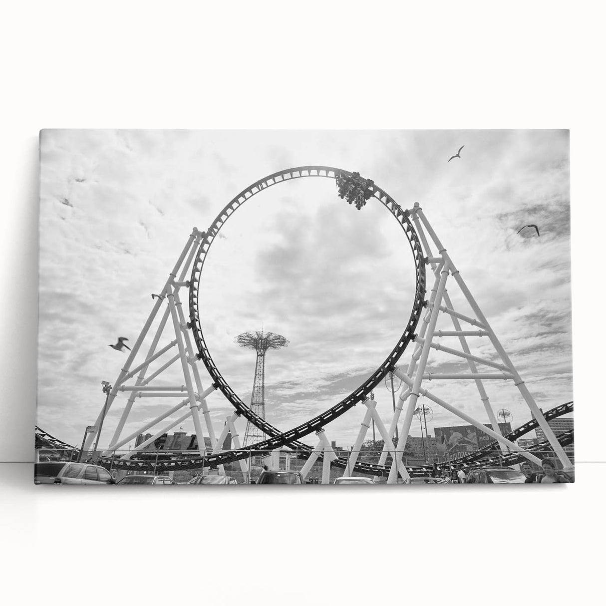 Black and white large stretched canvas of Coney Island, ideal for kitchen wall art or bedroom ambiance.