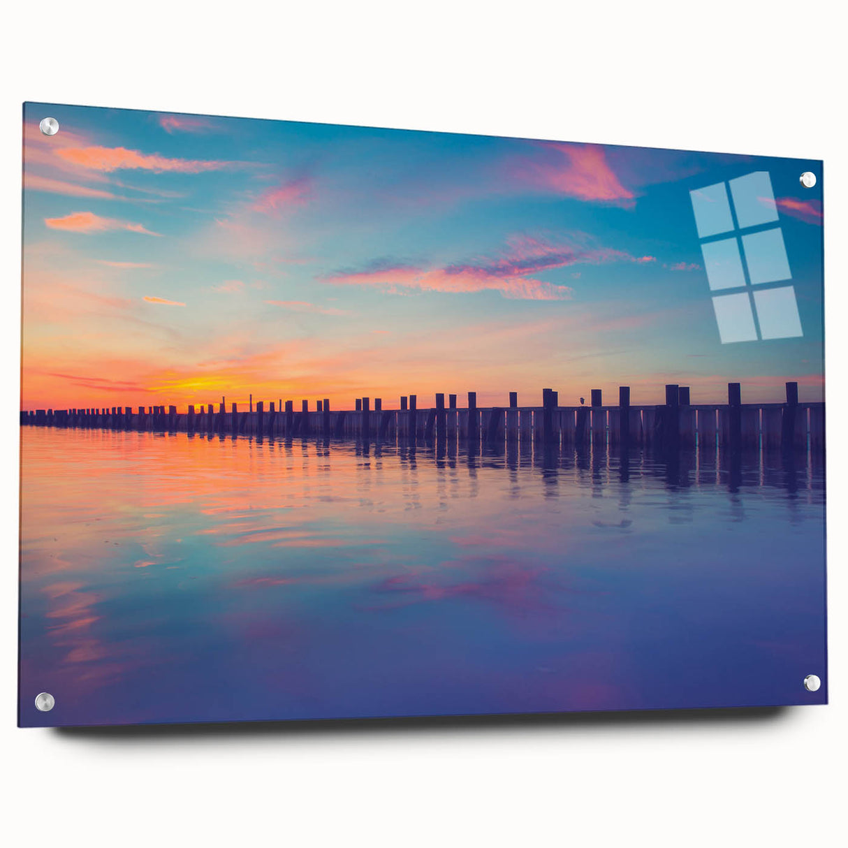 Large abstract wall art depicting Long Island, NY, in muted blue and green tones on acrylic glass.