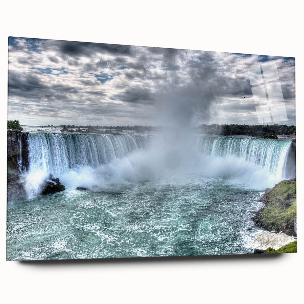 Large abstract depiction of Niagara Falls in muted blue and green tones on acrylic glass.