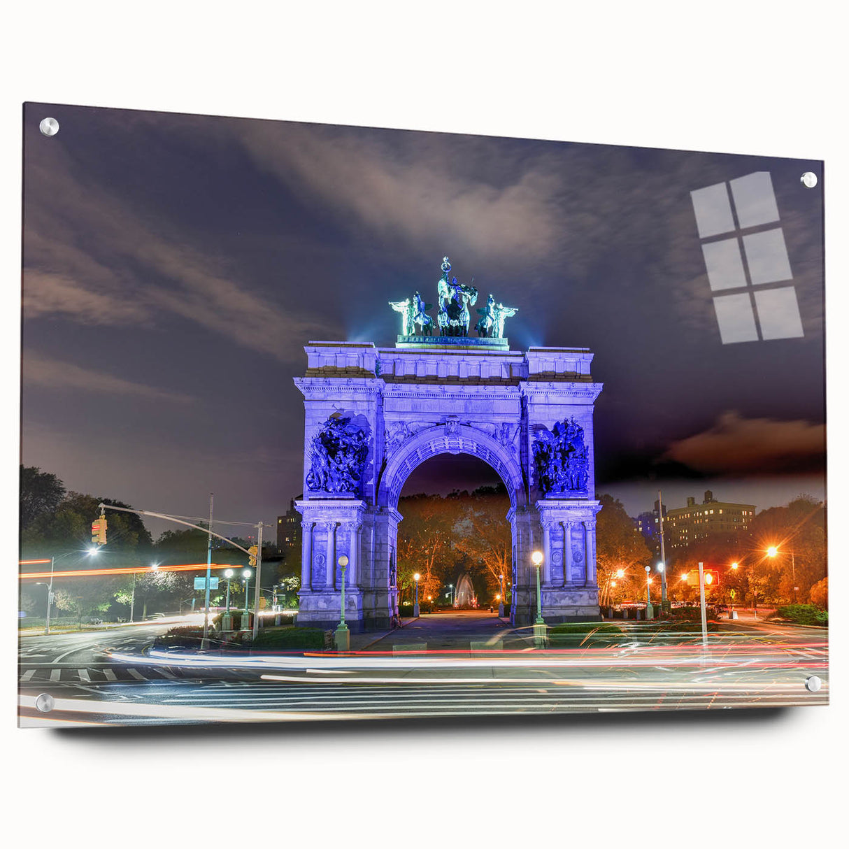 Acrylic print of the Brooklyn Bridge in muted gray and blue tones, suitable for dining room or bedroom decor.