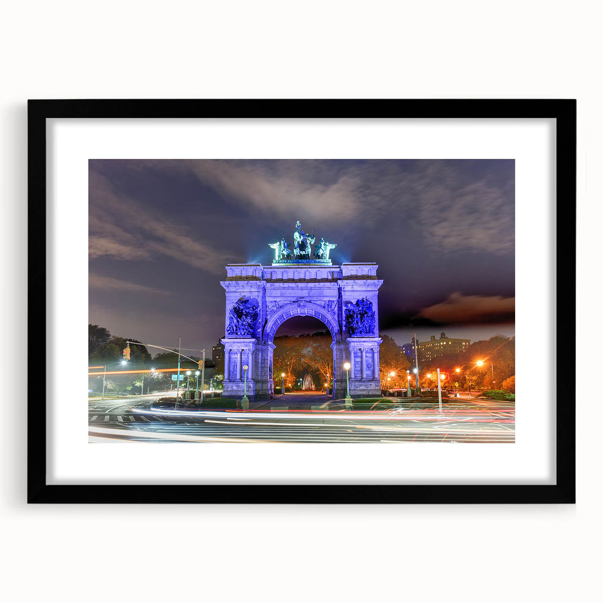 Extra large, textured abstract art print of colorful Brooklyn skyline, framed in black, ideal for living room decor.