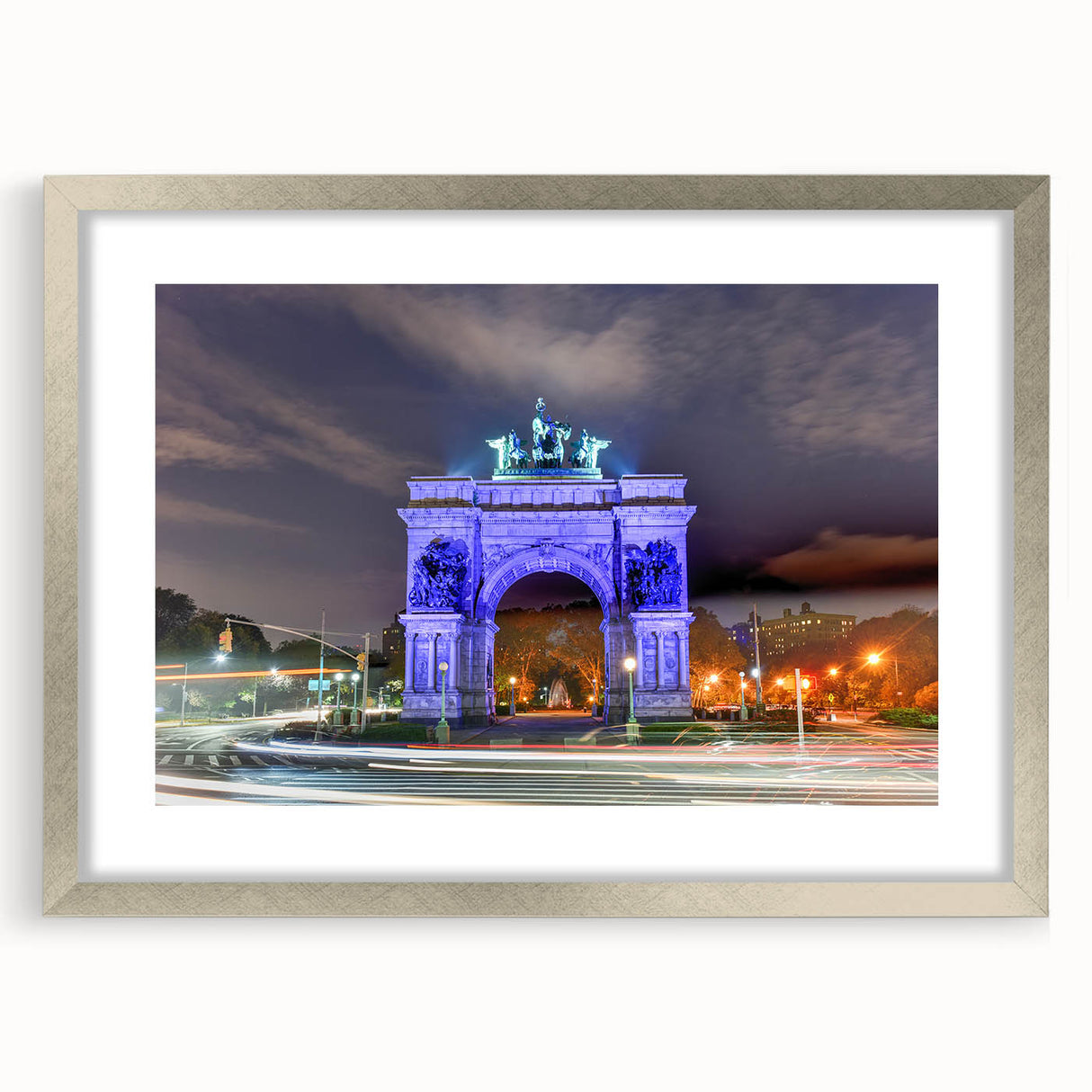 Textured abstract art print of NYC Brooklyn with muted earth tones, framed in silver, ideal for bedroom art.