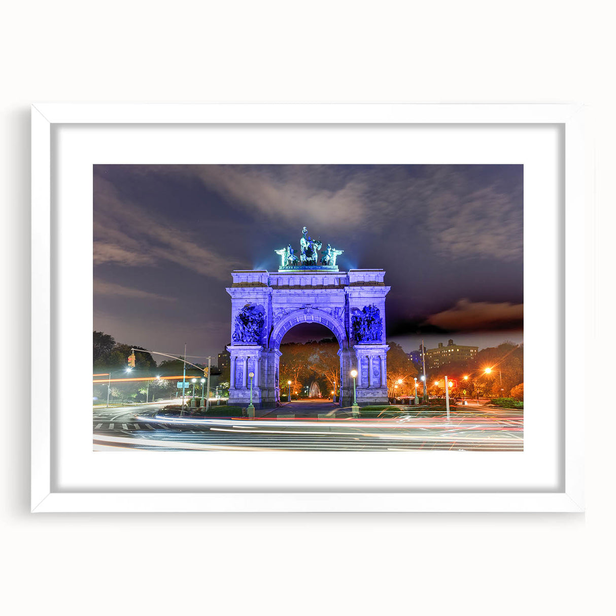 Abstract art print of NYC skyline in muted gray and blue tones on a white-framed canvas.
