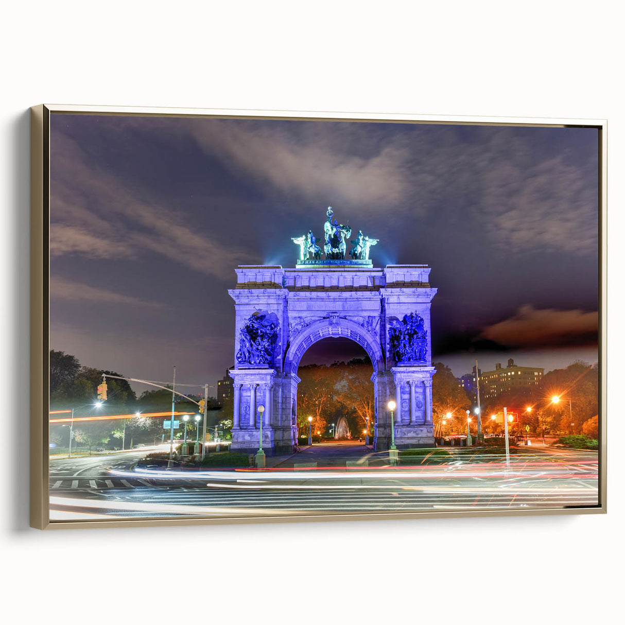 Framed canvas of vintage-style Brooklyn Bridge landscape in black and gold tones, ideal for bedroom wall art.