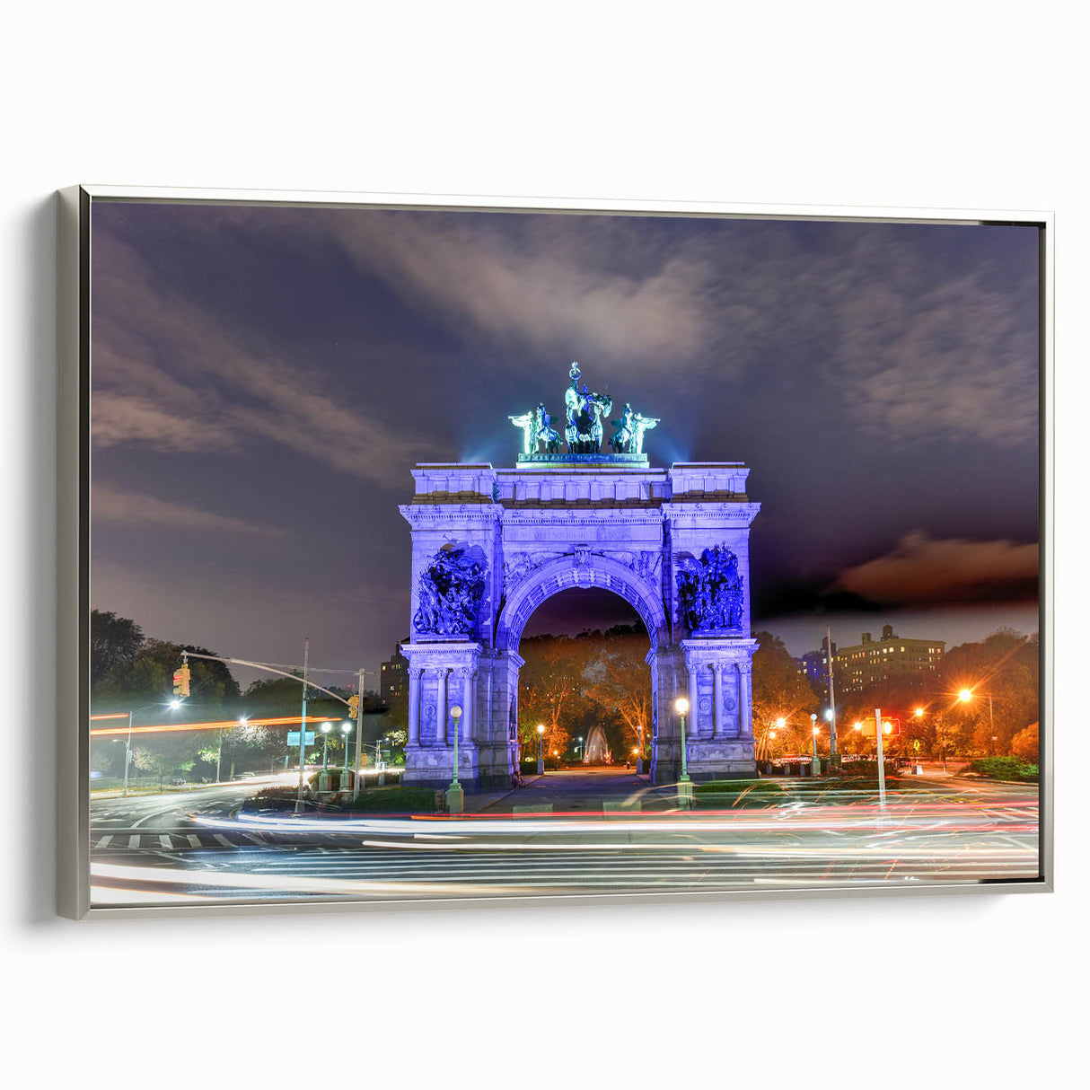 Landscape art painting of Brooklyn Bridge with colorful art accents on a black background, framed canvas.