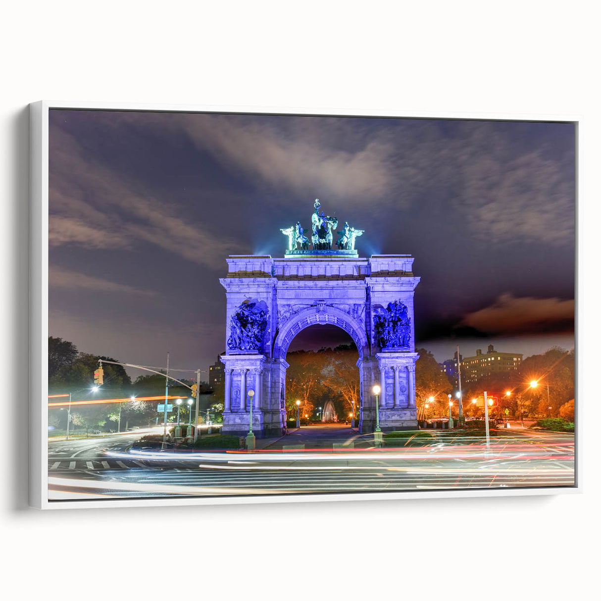 Vintage poster art of Brooklyn Bridge with colorful accents on a white-framed canvas, ideal for living room decor.