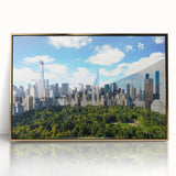Framed acrylic print of Central Park with autumn trees in gold hues, ideal for modern art wall decor.