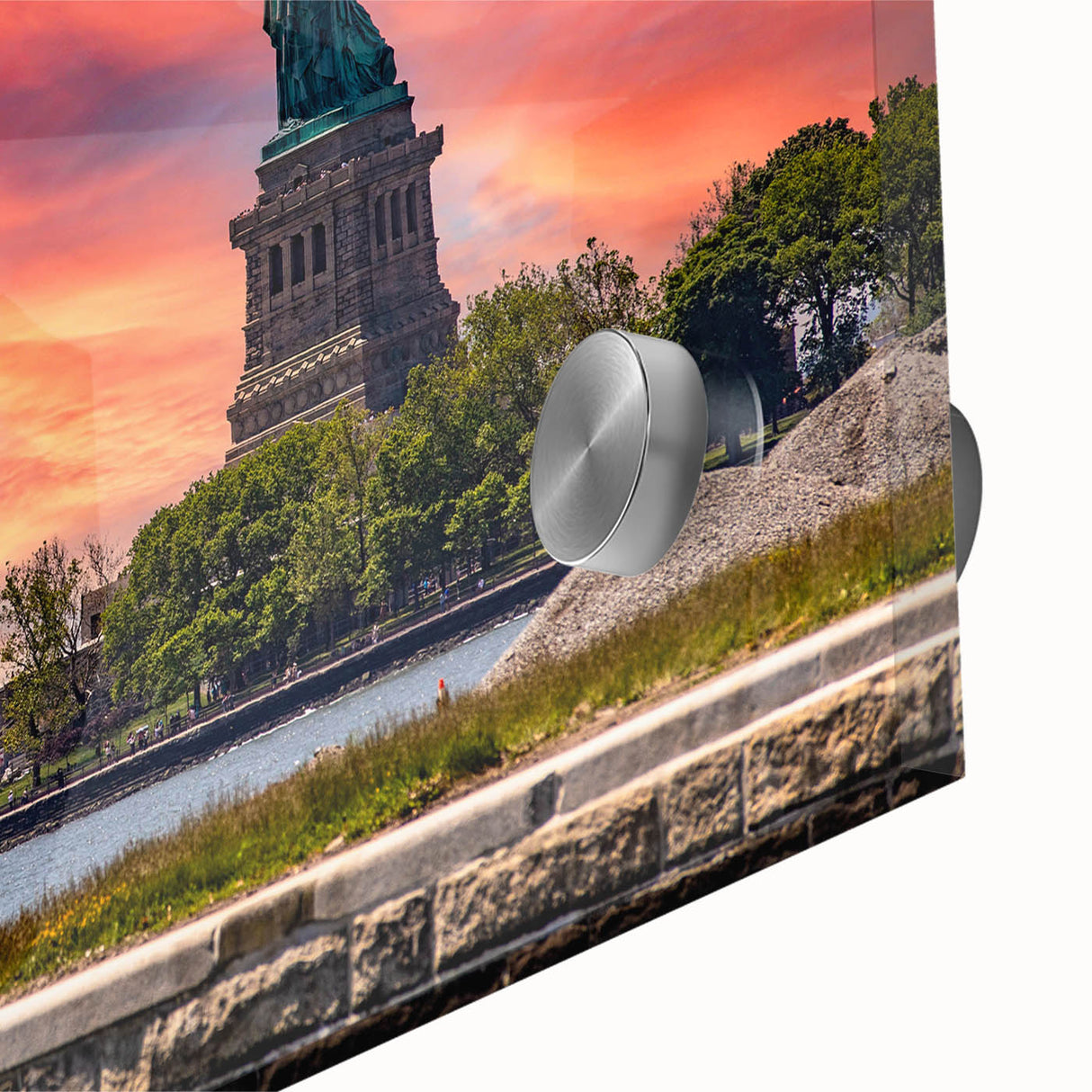 Large abstract wall art depicting Ellis Island in mid-century modernist style on acrylic glass, suitable for dining room art.
