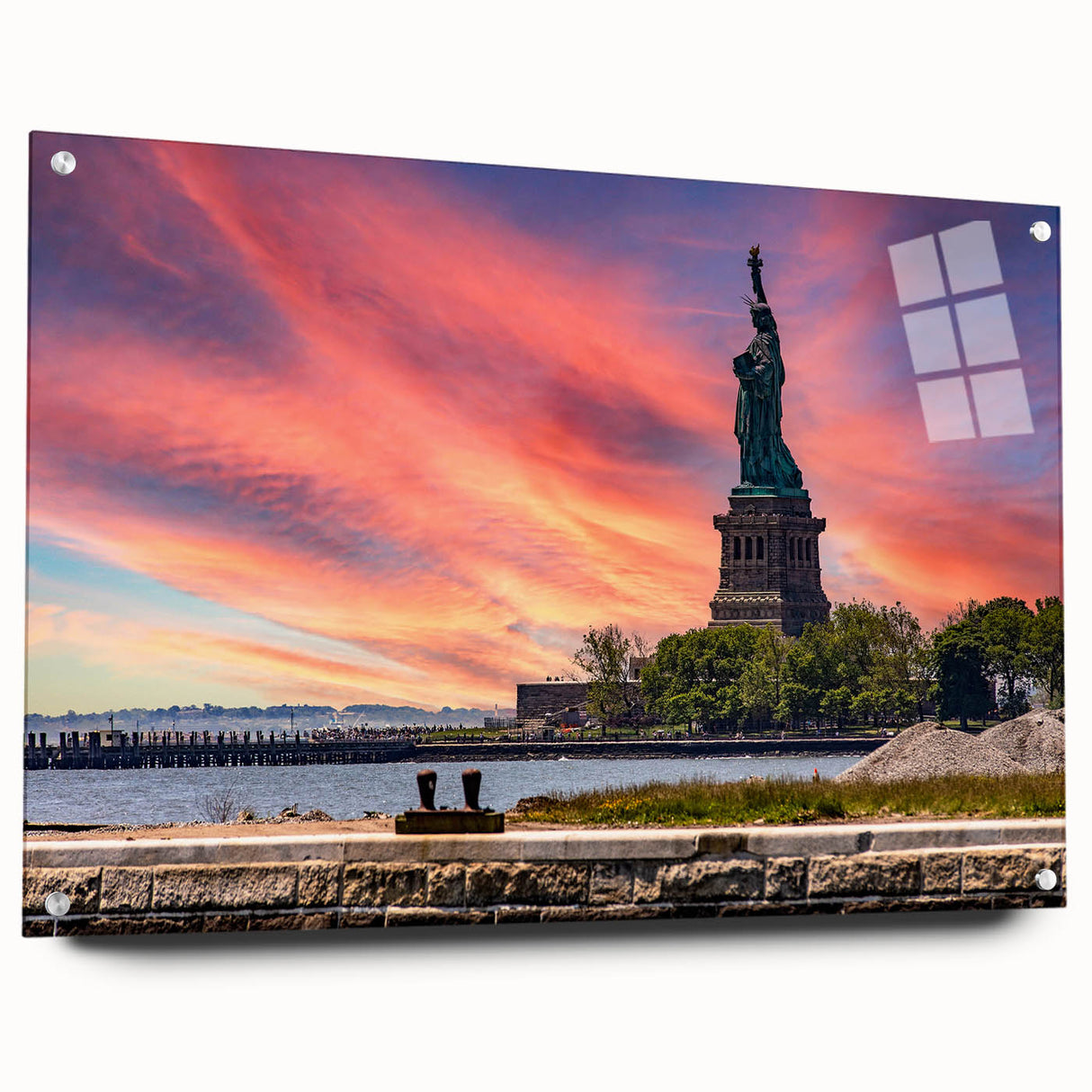 Acrylic print of Ellis Island with a muted color palette, ideal for dining room art.