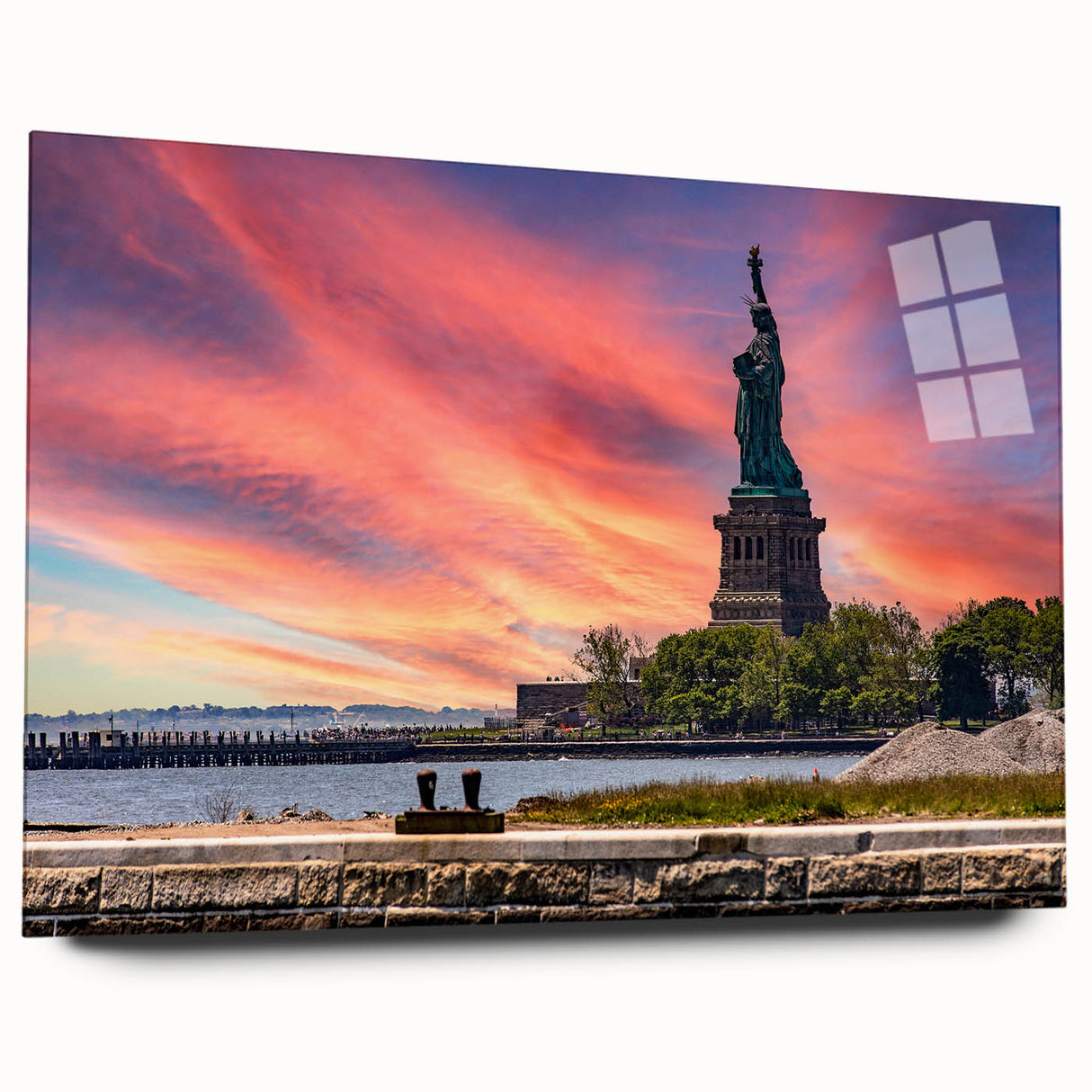 Acrylic print of a large abstract depiction of New York City in muted gray and blue, ideal for bedroom or dining room art.